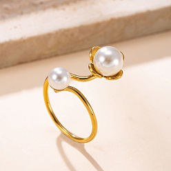 Real 18K Gold Plated 304 Stainless Steel Cuff Open Rings, with Imitation Pearl, Real 18K Gold Plated, US Size 4 1/4(15mm)~20mm
