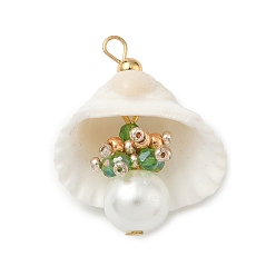 Белый Подвески из натуральных ракушек и круглого стекла, подвески в форме ракушки с железными петлями, золотые, белые, 32x27~30x17 мм, отверстие : 2.5 мм