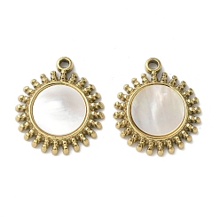 Настоящее золото 18K 304 Подвески из нержавеющей стали с покрытием из натуральной раковины пауа/белой раковины методом ионного напыления (IP), плоско-круглые, реальный 18 k позолоченный, 19.5x17x2.5 мм, отверстие : 1.5 мм