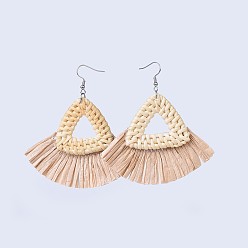 Bois Solide Boucles d'oreilles faites à la main de canne / rotin, avec bordure en papier et franges et 304 crochets en acier inoxydable, burlywood, 81~88 mm, broches: 0.6 mm