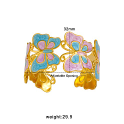 Pearl Pink 304 Stainless Steel Enamel Butterfly Cuff Bangles for Women, Real 18K Gold Plated, Pearl Pink, 2.36 inch(6cm), Inner Diameter: Adjustable