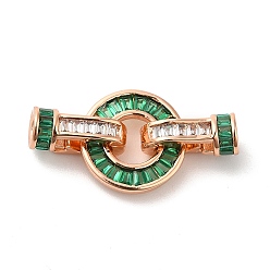 Green Rack Plating Brass Pave Cubic Zirconia Fold Over Clasps, Lead Free & Cadmium Free, Flat Round, Rose Gold, Green, 11.6x25mm