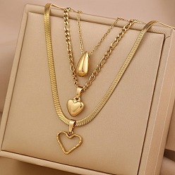 Teardrop 304 подвеска из нержавеющей стали 3 многослойные ожерелья для женщин, реальный 18 k позолоченный, слеза и сердце, 17.72 дюйм (45 см) и 23.62 дюйм (60 см), 3 шт / комплект