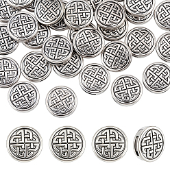 Antique Silver 40Pcs Tibetan Style Zinc Alloy Slide Charms, Flat Round with Knot, Antique Silver, 17.7x5.5mm, Hole: 13.5x2mm