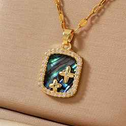 Золотой Простые латунные прозрачные кубические цирконии квадратные звездные подвески ожерелья, с Пауа оболочке, золотые, 15.75 дюйм (40 см)