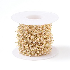 Льняное Полотно Ручной цепи стекло бисером, с латунными ушками, золотые, пайки, круглые, граненые, с катушкой, белье, 2.5x2x0.4 мм, бусины : 2~2.5 мм, около 32.8 футов (10 м) / рулон