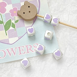 Средний Фиолетовый Бусины из эмалированного сплава цвета макарон, Куб с сердцем, средне фиолетовый, 7x7 мм, отверстие : 2.7 мм