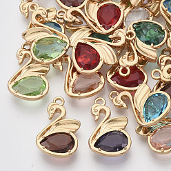 Light Gold Eco-Friendly Alloy Pendants, with Faceted Glass, Nickel Free, Swan, Mixed Color, Light Gold, 20x12.5x4mm, Hole: 1.5mm