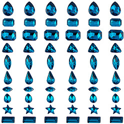 Capri Blue Pointed Back Glass Rhinestone Cabochons, Faceted, Mixed Shapes, Capri Blue, 10pcs/style, 10styles/box