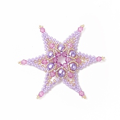 Lilac Seed Beads Beaded Charms, Star Pendants, with Glass Pearl Beads, Lilac, 64x64x6mm