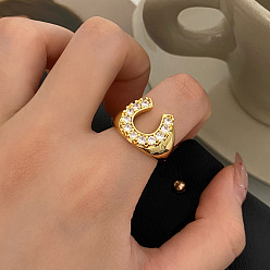 Золотой Регулируемые манжетные кольца с микропаве из кубического циркония из латуни, Подковы, золотые, внутренний диаметр: 15~20 мм