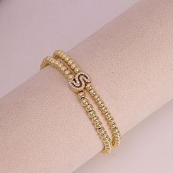 Letter S Браслеты из латуни с микропаве из прозрачных кубических циркониевых бусин, двойные нити, эластичные, для женщин, буква и круг, золотые, Письмо с, 6.69 дюйм (17 см)