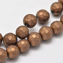 Copper Plated Electroplate Non-magnetic Synthetic Hematite Beads Strands, Faceted Round, Frosted, Copper Plated, 5~6mm, Hole: 1mm, about 66pcs/strand, 15.3 inch