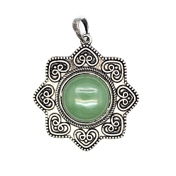 Зеленый Авантюрин Естественный зеленый авантюрин подвески, металлические цветочные подвески, античное серебро, 40x44x8 мм