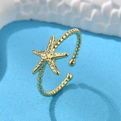 Морская звезда Латунные кольца-манжеты для женщин, стойки покрытие, долговечный, без кадмия и без свинца, реальный 18 k позолоченный, морская звезда, внутренний диаметр: регулируемый, звезды: 12.5x11.5 мм