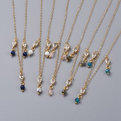 Mixed Stone Natural Gemstone Bib Statement Necklaces, with Brass Cable Chains, Brass Cubic Zirconia Links, 304 Stainless Steel Lobster Claw Clasps and Cardboard Packing Box, Golden, 16.3 inch(41.5cm)