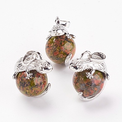 Унакит Природные подвески Unakite, с латунной фурнитурой , ящерица, платина, 28x20.5x16 мм, отверстие : 5x8 мм