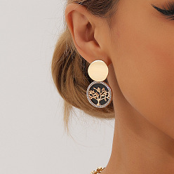 Золотой Серьги-гвоздики из сплава и хрустальных стразов, с акриловой, плоские круглые с дерева жизни картины, золотые, 40x23 мм