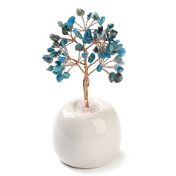 Апатит Натуральная апатитовая крошка украшения дерево жизни, Круглая фарфоровая основа с медной проволокой, энергетический камень по фен-шуй, подарок для украшения рабочего стола для домашнего офиса, 57x113~129 мм