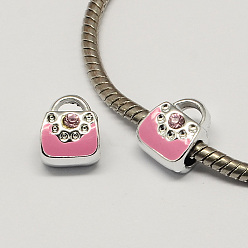 Pink Сплав горный хрусталь сумка большая дыра в стиле эмаль европейские шарики, серебряные, розовые, 11x9x8 мм, отверстие : 4 мм