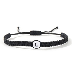 Letter L Плоские круглые браслеты из плетеных бусин из смоляных бусин с буквенным узором, регулируемые плетеные браслеты из хлопкового шнура для мужчин и женщин, Письмо L, 11.02 дюйм (28 см)