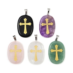 Смешанные камни Природные каменные смешанные подвески, овальные с выгравированными золотыми крестиками, с дужками из нержавеющей стали, цвет нержавеющей стали, 38~39x25x7 мм, отверстие : 7x4 мм