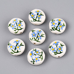 Васильковый Фарфоровые бусины ручной работы, пастельный фарфор, плоские круглые и цветок, васильковый, 19~20x8~9 мм, отверстие : 1.8~2 мм