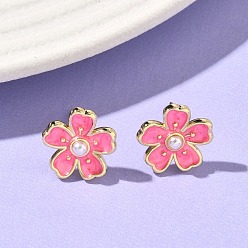 Светло-Вишневый Серьги-гвоздики с цветочным рисунком из латуни и АБС-пластика с жемчугом, с эмалью, без кадмия и без свинца, долговечный, стойки покрытие, реальный 18 k позолоченный, светло-вишневый, 12.5x13 мм