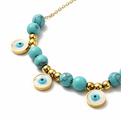 Real 18K Gold Plated Ion Plating(IP) 304 Stainless Steel Shell Enamel Evil Eye Pendant Necklaces, Synthetic Turquoise Bead Necklaces for Women, Real 18K Gold Plated, 15.87 inch(40.3cm)