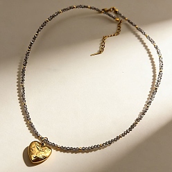 Золотой 304 Кулон в форме сердца из нержавеющей стали с надписью «Я люблю тебя», серые граненые стеклянные бусы, ожерелье для женщин, золотые, 16.42 дюйм (41.7 см)