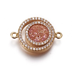 Light Salmon Brass Micro Pave Cubic Zirconia Links connectors, with Natural Druzy Quartz, Flat Round, Golden, Light Salmon, 20~22x14.5~15.5x3.5~4mm, Hole: 1.2mm