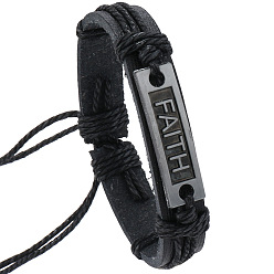 Античное Серебро Регулируемые браслеты из искусственной кожи, сплав прямоугольник со словом вера звено браслеты для мужчин, античное серебро, внутренний диаметр: 2-1/8~2-3/4 дюйм (5.5~7 см)