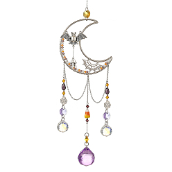 Plateado Antiguo & Platino Araña murciélago de aleación y atrapasueños de luna de hierro, Adorno colgante de cristal con forma de lágrima y prisma para ventana o pared, plata antigua y platino, 390 mm