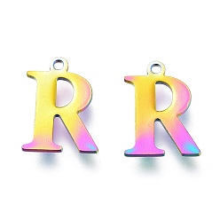 Letter R Ионное покрытие (ip) 304 брелоки из нержавеющей стали, лазерная резка, алфавит, Радуга цветов, буква r, 12x9x0.8 мм, отверстие : 1 мм