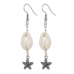 Морская звезда Болтаться серьги оболочки естественно, Длинные серьги-капли из сплава в тибетском стиле со шпильками из нержавеющей стали 304, морская звезда, 66x12 мм