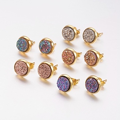 Mixed Color Druzy Resin Stud Earrings, with Brass Findings, Flat Round, Golden, Mixed Color, 10x3~4mm, Pin: 0.7mm