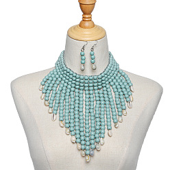 Бледно-бирюзовый Ожерелья и серьги-подвески из сплава, натуральных ракушек и дерева для женщин, платина, бледные бирюзовая, 460 мм