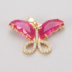 Фуксиновый Латунь стекло кулоны, с прозрачным микропаве из кубического циркония, бабочка, золотые, красно-фиолетовые, 19.5~20x29.5~30x4.5 мм, отверстие : 5x3.5 мм