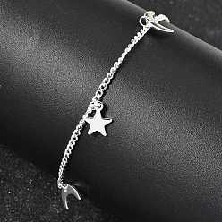 Серебро 304 из нержавеющей стали шарм браслеты, браслеты из цепочек панцирного плетения для женщин, звезда и луна, серебряные, 7.99 дюйм (20.3 см)