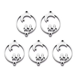 Stainless Steel Color Tarnish Resistant 201 Stainless Steel Links Connector, Laser Cut, Flat Round with Moon & Children, Stainless Steel Color, 17.5x14x1mm, Hole: 1mm
