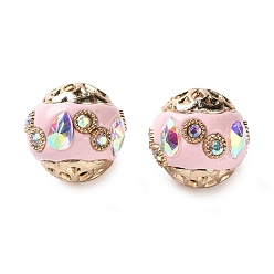 Pink Ручная полимерная глиняная индонезия бисер, круглые, с сердечником из сплава, смолой и стразами, золотой свет, розовые, 16~17 мм, отверстие : 1.9 мм