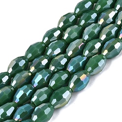 Sea Green Electroplate Opaque Solid Color Glass Beads Strands, Rice, AB Color Plated, Faceted, Sea Green, 8~8.5x5.5~6mm, Hole: 1~1.2mm, about 67~68pcs/strand, 21.46~22.24 inch(54.5~56.5cm)