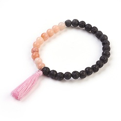 Aventurine Natural Lava Rock and Natural Aventurine Stretch Bracelets, with Cotton Thread Tassels Pendants, 2-1/8 inch(5.5cm), Pendant: 33x8mm