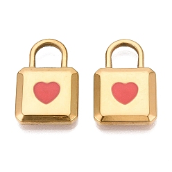 Light Coral 303 Stainless Steel Enamel Pendants, Lock with Heart Pattern Charms, Ion Plating(IP), Real 18K Gold Plated, Light Coral, 23.5x15x3mm, Hole: 7x6.5mm