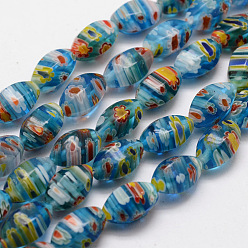 Dunkles Cyan Handgemachte Millefiori-Glasperlen Stränge, facettiert, Reis, dunkles Cyan, 12x7 mm, Bohrung: 1 mm, ca. 33 Stk. / Strang, 15.5 Zoll