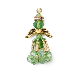 Зеленый Подвески-ангелы из стеклянного бисера ручной работы, с крыльями из античного золотого сплава и гальваническими стеклянными бусинами, зелёные, 40x20x19 мм, отверстие : 2 мм