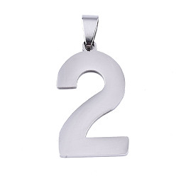 Number Non-Tarnish 201 Stainless Steel Pendants, Laser Cut, Number, Stainless Steel Color, Num.2, 34x18.5x1.5mm, Hole: 4.5x5mm