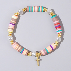 Разноцветный Браслеты с подвесками в виде креста из нержавеющей стали в богемном стиле, Браслеты из полимерной глины, бусины хейши, эластичные для женщин, с имитацией жемчуга, красочный, внутренний диаметр: 6-7/8 дюйм (17.5 см)