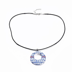 Bleu Bleuet Colliers tissés en raphia, avec cordon en cuir de vachette et accessoires 304 en acier inoxydable, plat rond, bleuet, 17.71 pouce (45 cm), 1.7mm