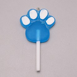 Dodger Blue Resin Pendants, with Iron Loop, Imitation Candy, Cat Paw Lollipop, Dodger Blue, 62x32.5x9mm, Hole: 2mm